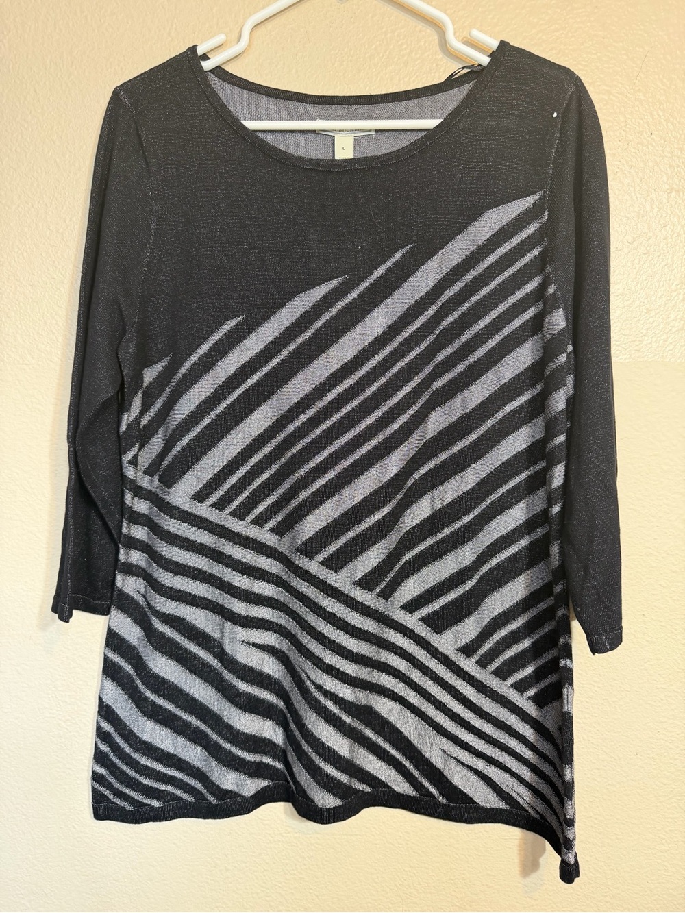 Dana Buchman black and gray asymmetrical stripe knit sweater
